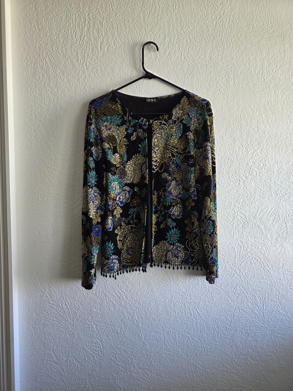 MSK Black Cardigan with Teal Blue and Gold Floral Accents